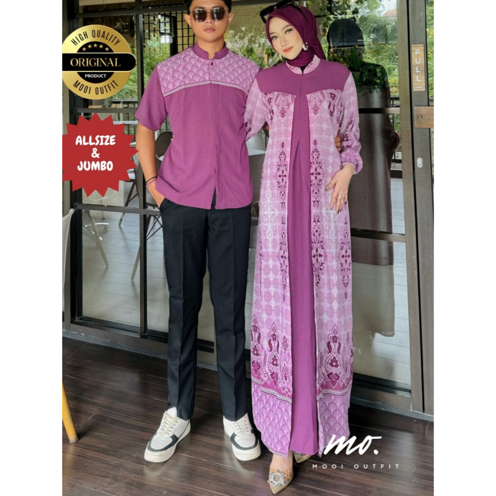 Couple gamis ceruty lebaran pasangan kekinian jumbo ld 110 120 130 kondangan suami istri