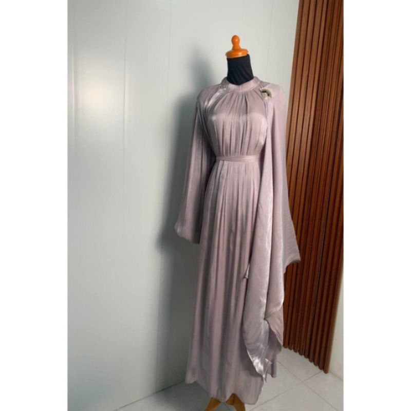 Long Dress Gamis One Set Shimmer Silk Premium Elegan Warna Purple Ungu