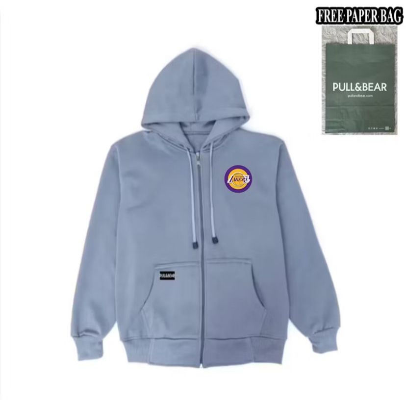 {FREE PAPER BAG} HOODIE ZIPPER DENIM PULL AND BEAR X LAKERS BASIC PRIA - WANITA PREMIUM QUALITY