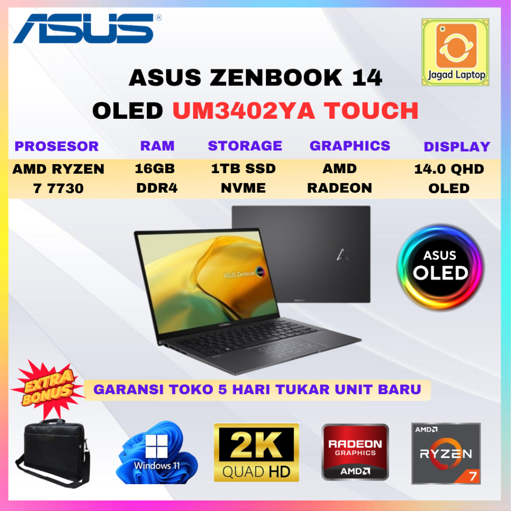 Laptop Asus Zenbook 14 OLED UM3402YA Ryzen 7-7730U RAM 16GB 1TB SSD 2.8K Touch