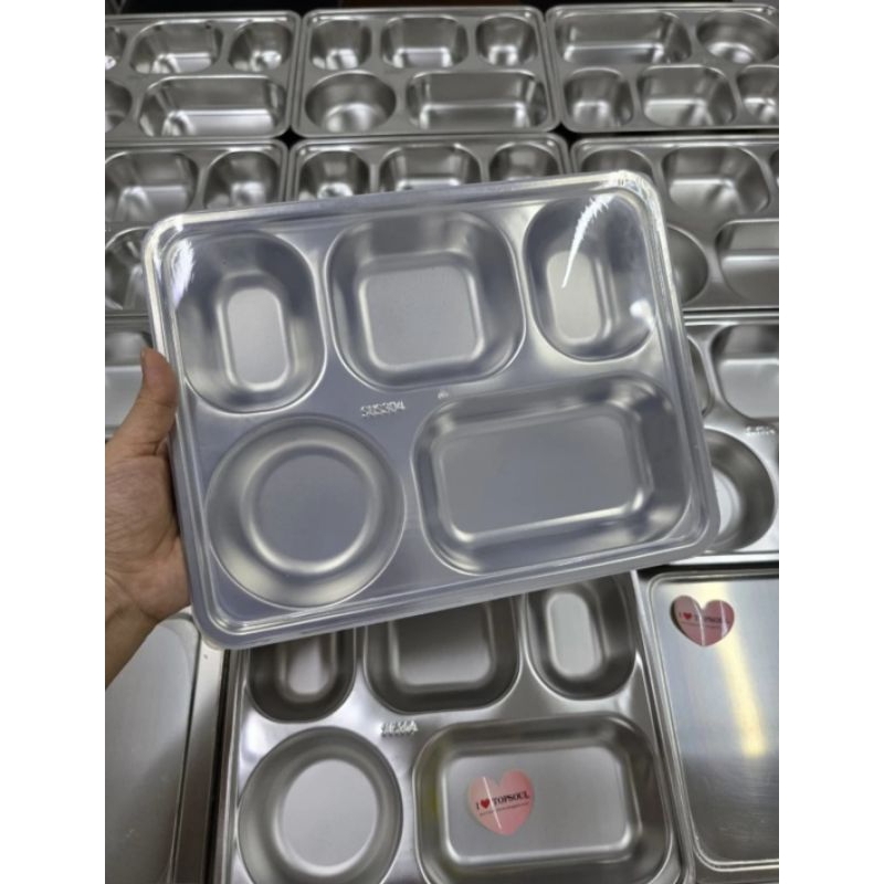 Piring Stainless steel 5 sekat + Tutup plastik / Kotak wadah Tempat Makan Catering Bento Lunch Box S