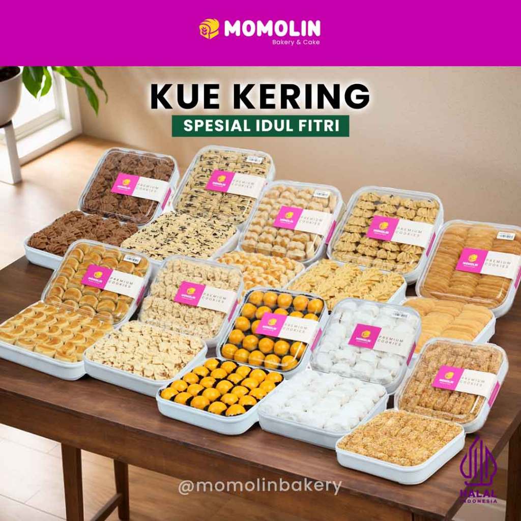 

Momolin Bakery Aneka Kue Kering Premium - Nastar / Kastengel Edam / Sagu Keju / Semprit Coklat / Bulan Sabit Cookies / Putri Salju / Lidah Kucing - Kuker Lebaran - Kue Kering Toples