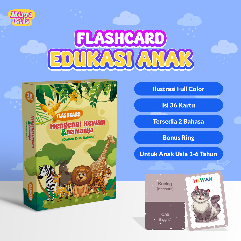 Flashcard Edukasi Anak | Mengenal Hewan dan Namanya | Isi 36 Kartu | Kertas Ivory 310 Gram