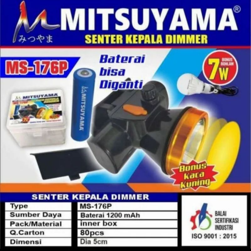senter kepala MITSUYAMA SENTER KEPALA COPOT BATERAI MS 176 P CAHAYA PUTIH +LENSA KUNING BONUS BOHLAM