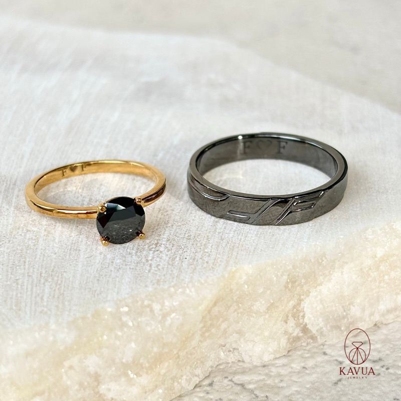 Custom Ms F - 1ct Black Round Moissanite Ring Gold 18k & Men Ring Palladium - Kavua Jewelry