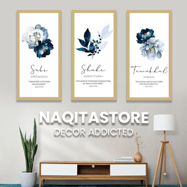Dekorasi Dinding Islami Sukur, Sabar, dan Tawakal Kayu MDF Bingkai Foto 15x30cm Laminasi Doff Tahan 