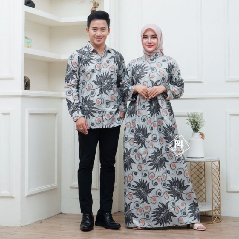 Baju Couple Pasangan Kondangan Kekinian Motif Alam Series Batik Gamis Dan Kemeja Modern Lengan Panja