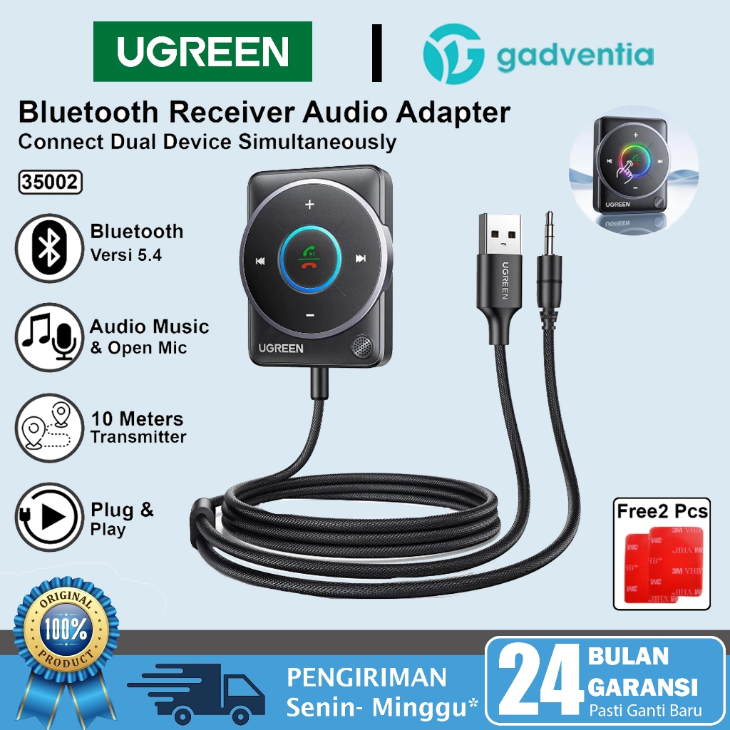 UGREEN 35002 USB Bluetooth 5.4 Car Receiver Adapter with Dual Mic Active Noise Cancellation Audio Sp