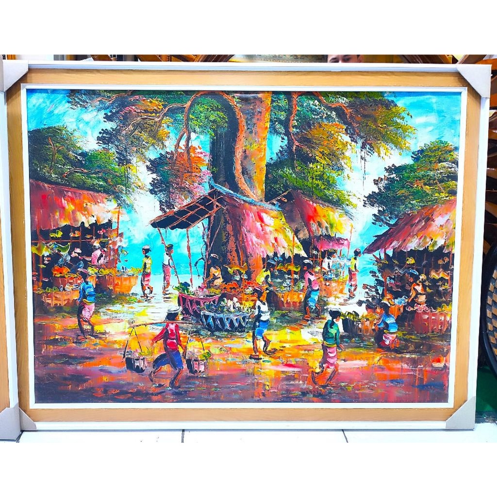 Lukisan Tangan Kain Canvas Pemandangan Alam Bunga Hewan + Bingkai Ukuran 70x90 cm