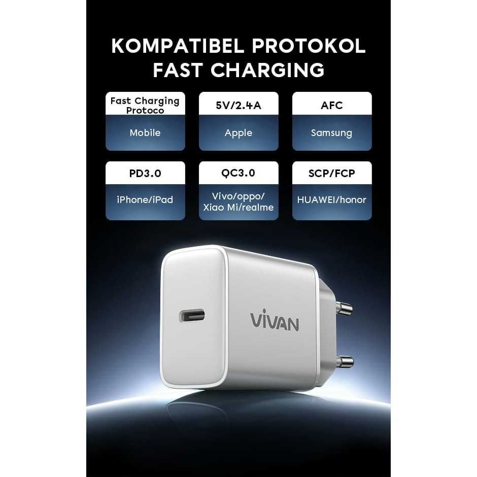 ADAPTOR iPhone 12 13 15 Vivan Smart Phone Charger Power C20 USB-C 20W Kepala Charger Quick Charging