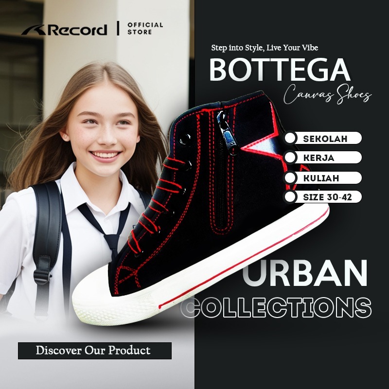 [RECORD SHOES] BOTTEGA Sneaker Sekolah Casual Sepatu kanvas Anak Perempuan Hitam Merah Putih 30-42