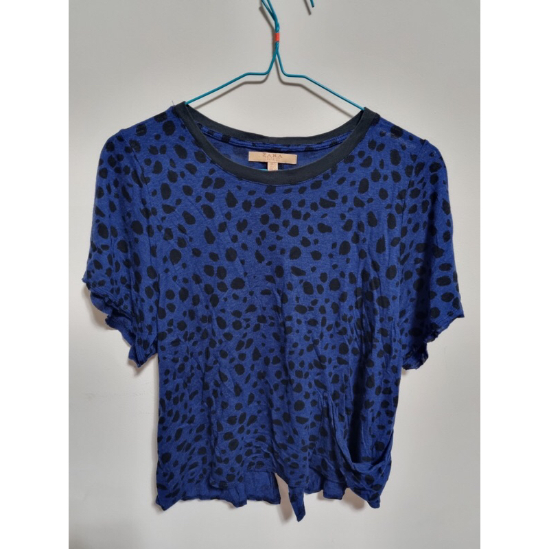 Zara Royal Blue Semi Cropped Shirt with Leopard Print - Atasan Kaos Agak Crop Top Biru (Preloved)