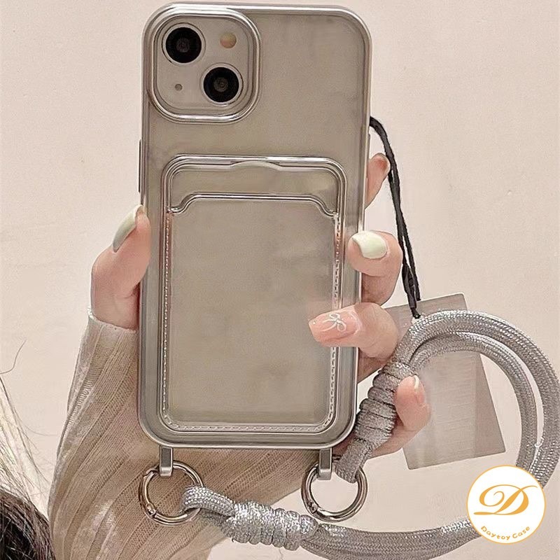 Casing Tempat Kartu Kredit Perak Mewah Sederhana dengan Tali Gantungan Kompatibel untuk iPhone 11 13