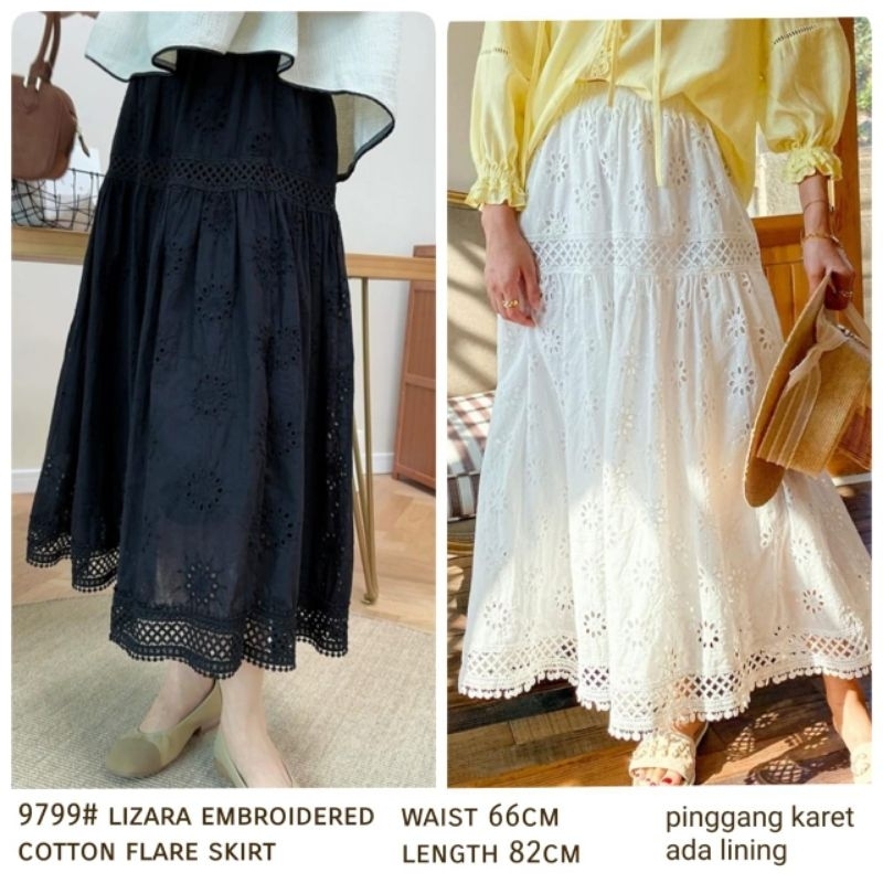 9799  Rok panjang Maxi skirt LIZARRA EMBROIDERED COTTON FLARE SKIRT hitam putih polos Korean style w
