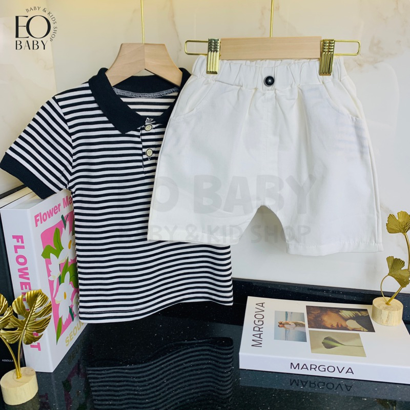 EOBaby D03 Baju Celana Setelan Jalan Bayi Anak Motif Garis Hitam Putih