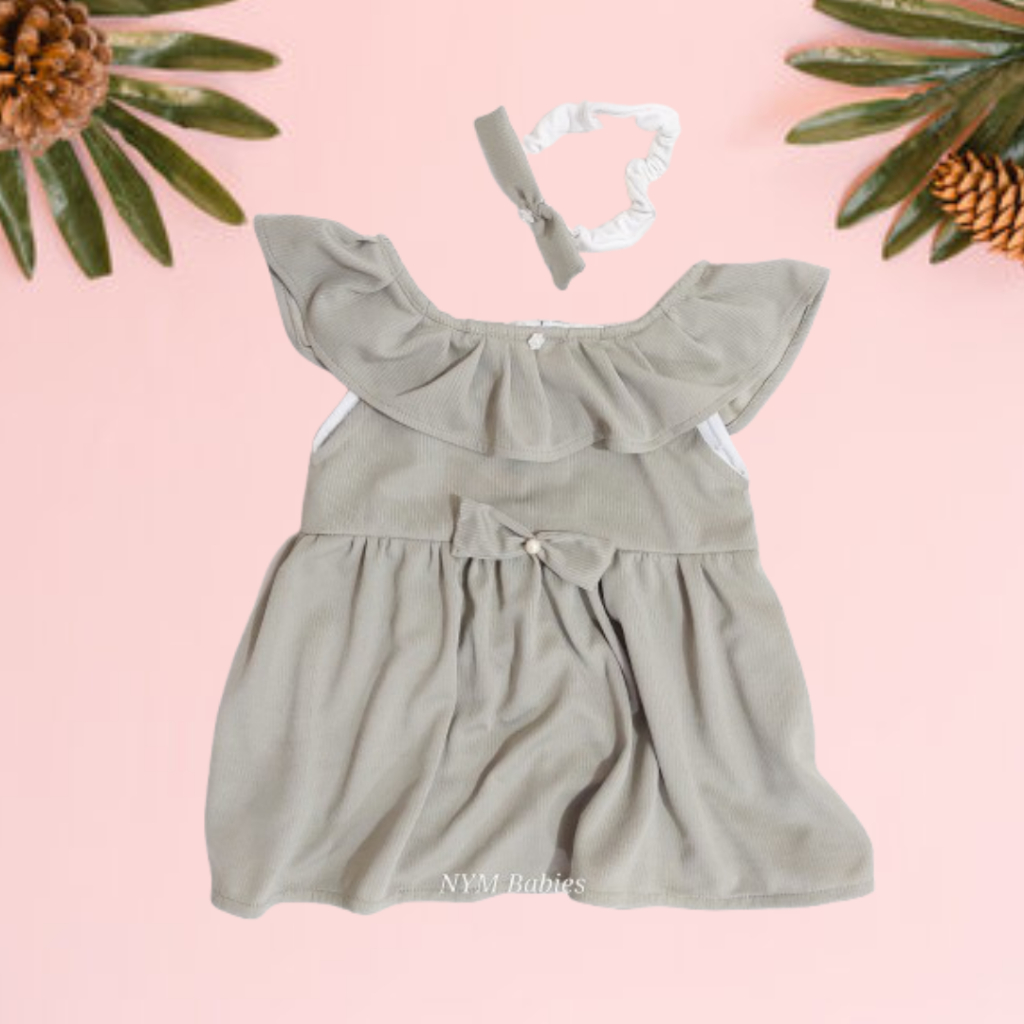 Setelan Baju Bayi Perempuan Dress Hijau Olive usia 6-18 Bulan + Pita