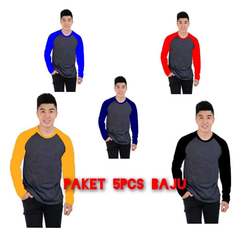 KAOS RAGLAN PRIA PAKET 5 PCS  KAOS RAGLAN PRIA LENGAN PANJANG