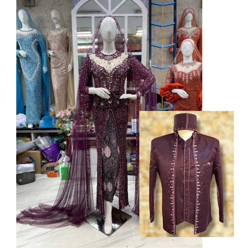 Baju Pengantin Sepasang | Baju Akad Nikah Couple Santili Belah Semata Kaki Dan Baju Beskap Pengantin