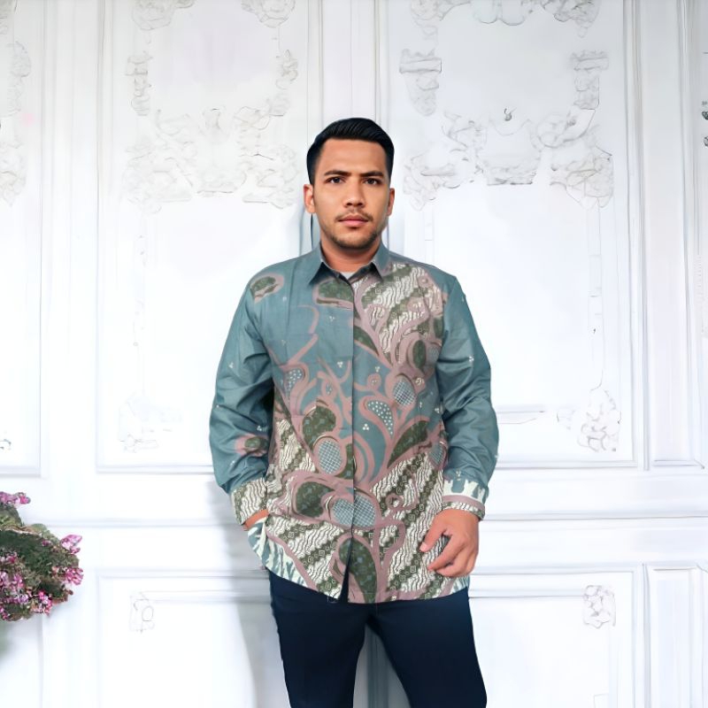 Fatih Batik Medan - Batik Pria Lengan Panjang Hijau Sage KM821 Seragam Batik Cowok Kantor Kerja Dan 