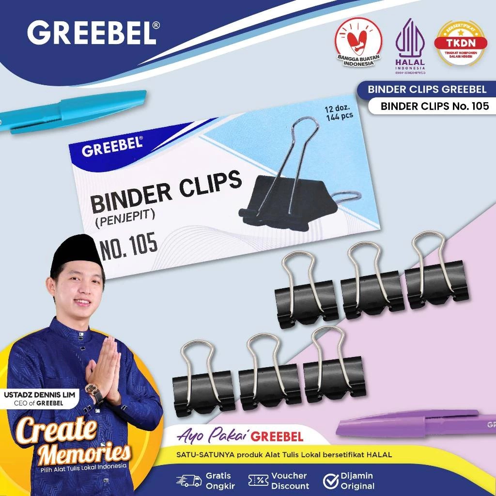 

GREEBEL KLIP KERTAS BINDER CLIP NO.105 | PENJEPIT KERTAS HITAM