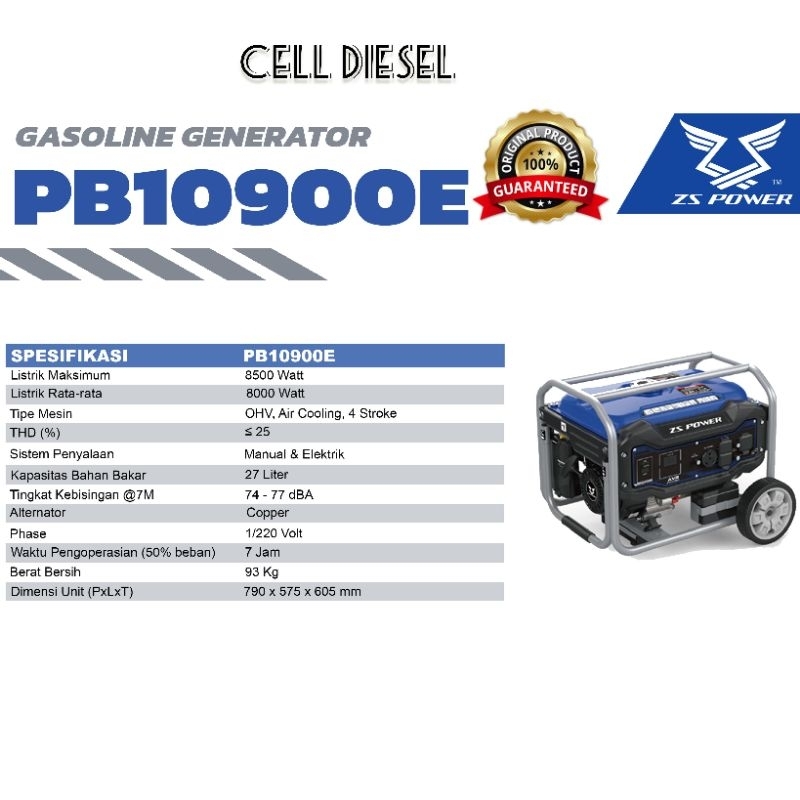 Mesin Genset Gasoline Generator ZS POWER PB10900E 8000 Watt Bensin