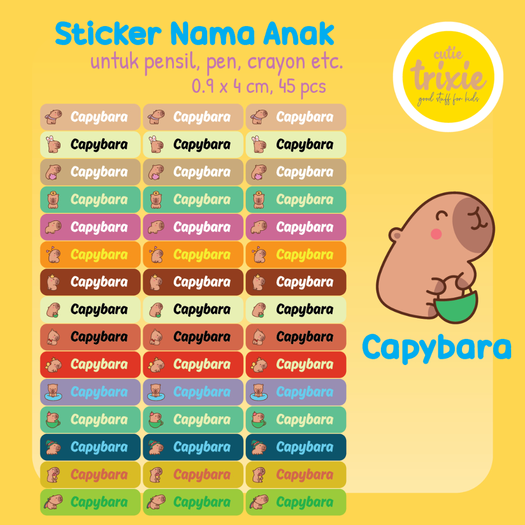

Sticker label nama anak untuk pensil pen crayon Capybara