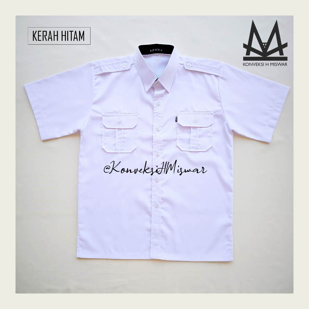 Kemeja Kerja Pria -  PDH Putih Kerah Hitam Lengan Pendek