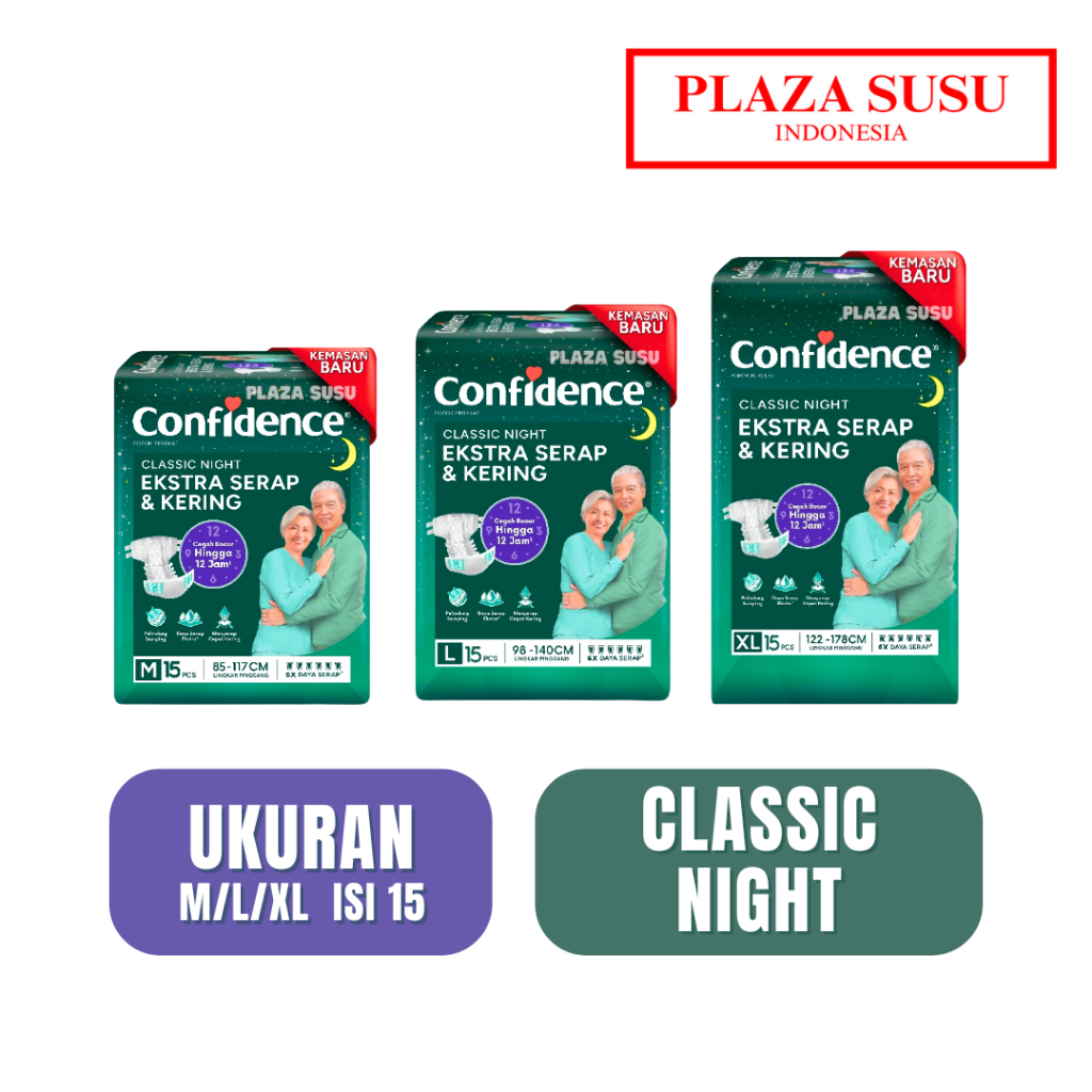 CONFIDENCE CLASSIC NIGHT M15/L15/XL15 POPOK PEREKAT DEWASA ADULT DIAPERS TAPE