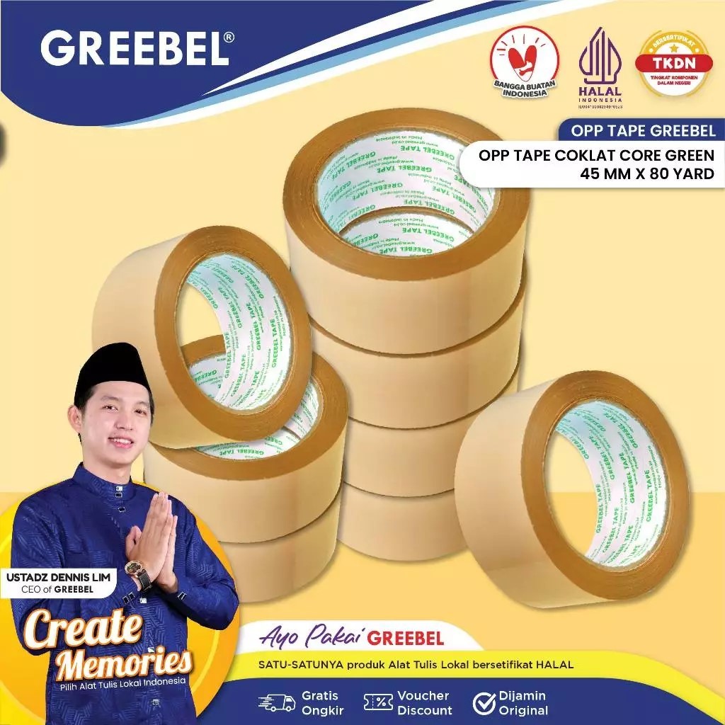 

GREEBEL Lakban Coklat (CORE GREEN 45MM - 1 PCS) / Clear Isolasi Tape Lakban Tape Coklat
