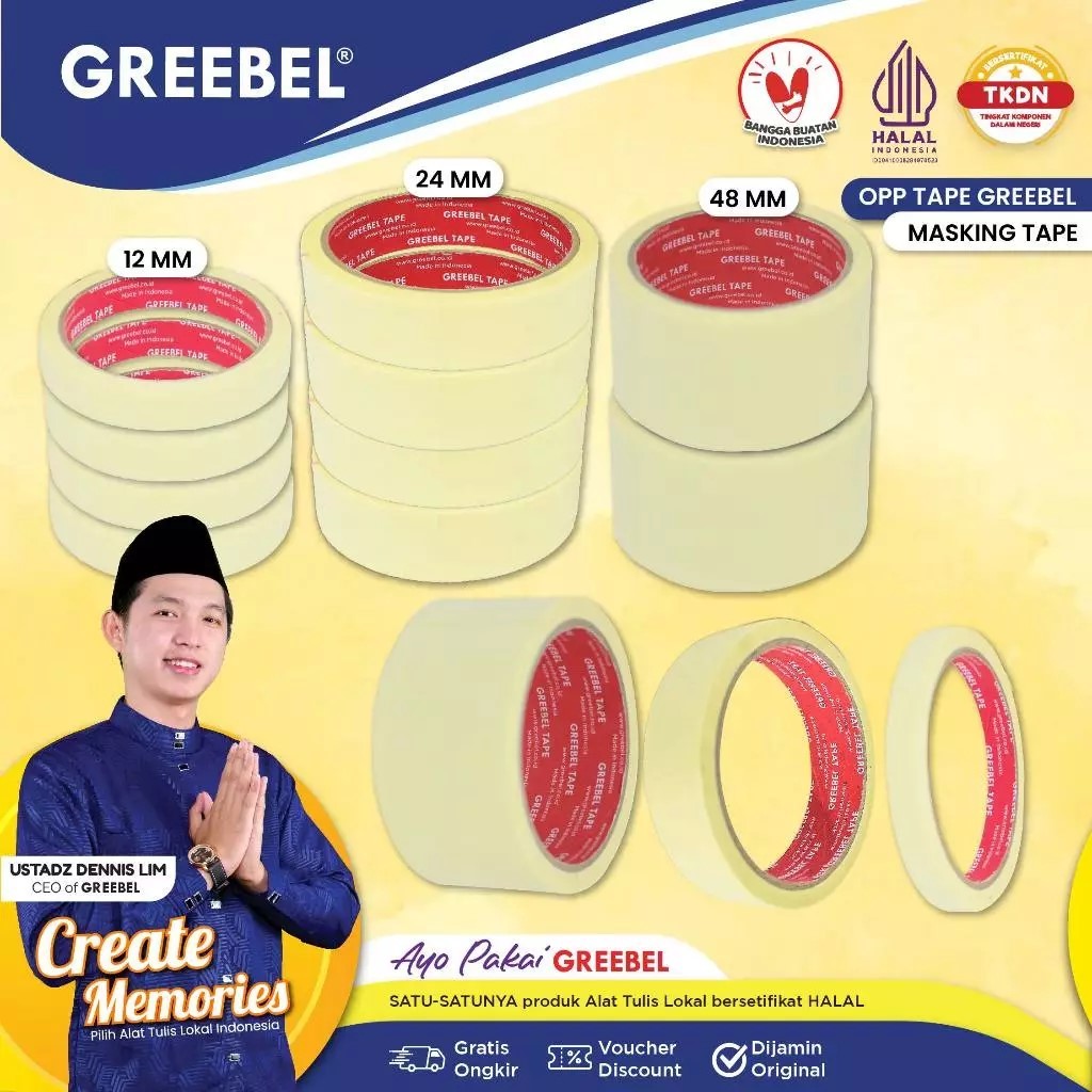 

GREEBEL Masking Tape Lakban Kertas 24MM / Isolasi Kertas Lem Kertas