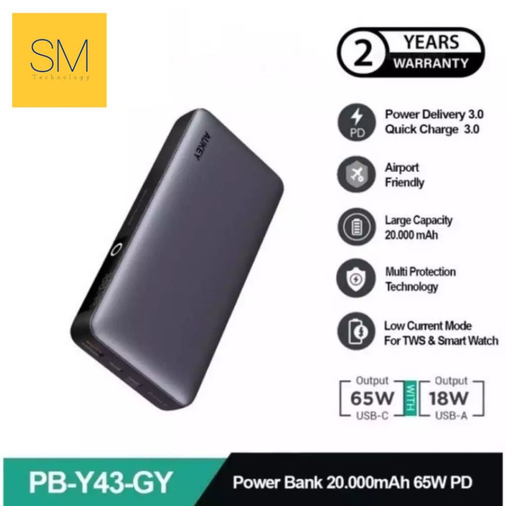AUKEY Power bank Laptop / smartphone 20000mah PB-Y43-GY USB C 65W PD 3.0 Slim