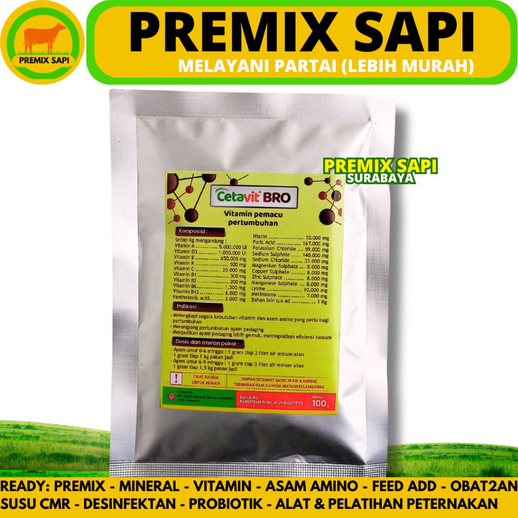 CETAVIT BRO 100 GRAM - Vitamin Pemacu Pertumbuhan Ayam Broiler Pedaging - Vitamin Penggemuk Ayam Bro