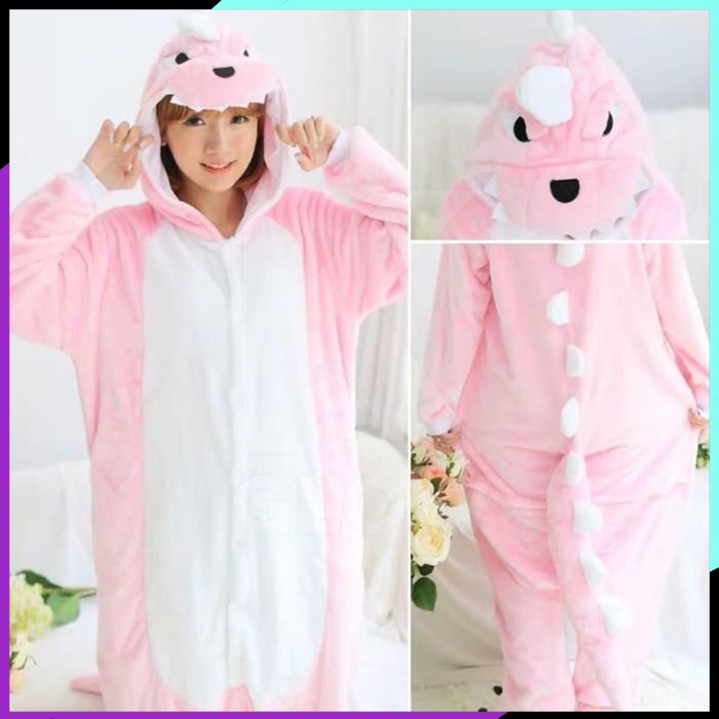 DINOSAURUS PINK BAJU TIDUR KOSTUM ONESIE KIGURUMU PIYAMA DEWASA