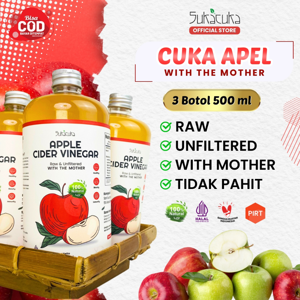 

Paket 3 Botol Cuka Apel Original With Mother 500 ml by SukaCuka (Apple Cider Vinegar)