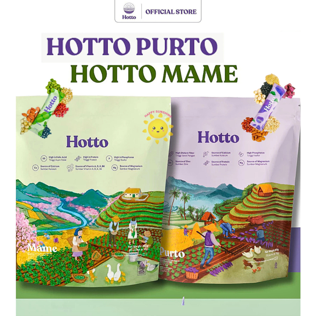 

HOTTO PURTO + HOTTO MAME Paket 2 Pouch Multigrain Purple Potato Edamame Prebiotik Oat Beta Glucan Diet Sehat Sereal Ubi Ungu Kacang Kedelai Jepang Malt Whey Isolate Protein Rendah Kalori BPOM HALAL