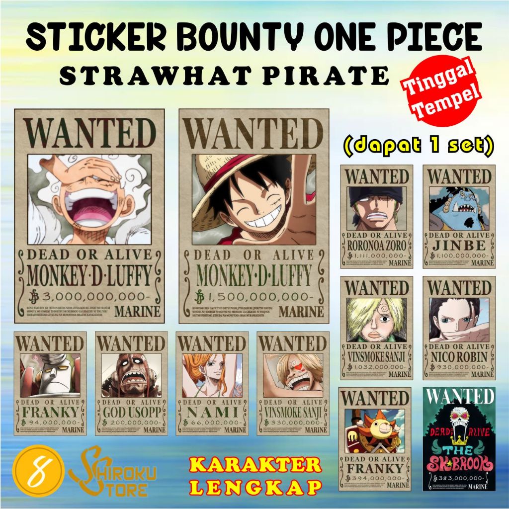 

1 set Stiker Bounty Anime One Piece Buronan Anggota Mugiwara Straw Hat Pirates SHP Crew Sticker