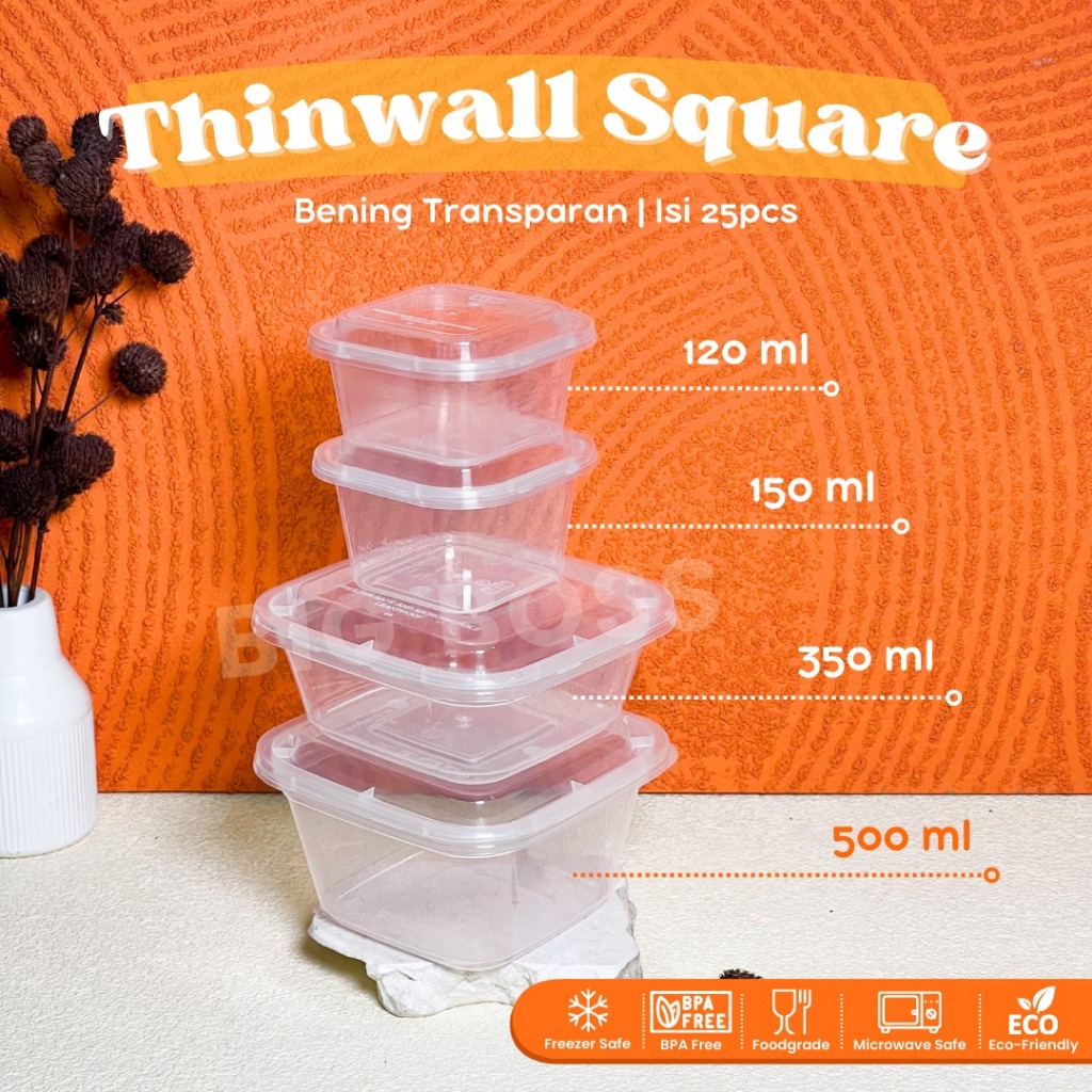 [25Pcs] Thinwall Square 120Ml 150Ml 350Ml 500Ml / Kotak Makan Plastik Dessert Salad Buah Puding