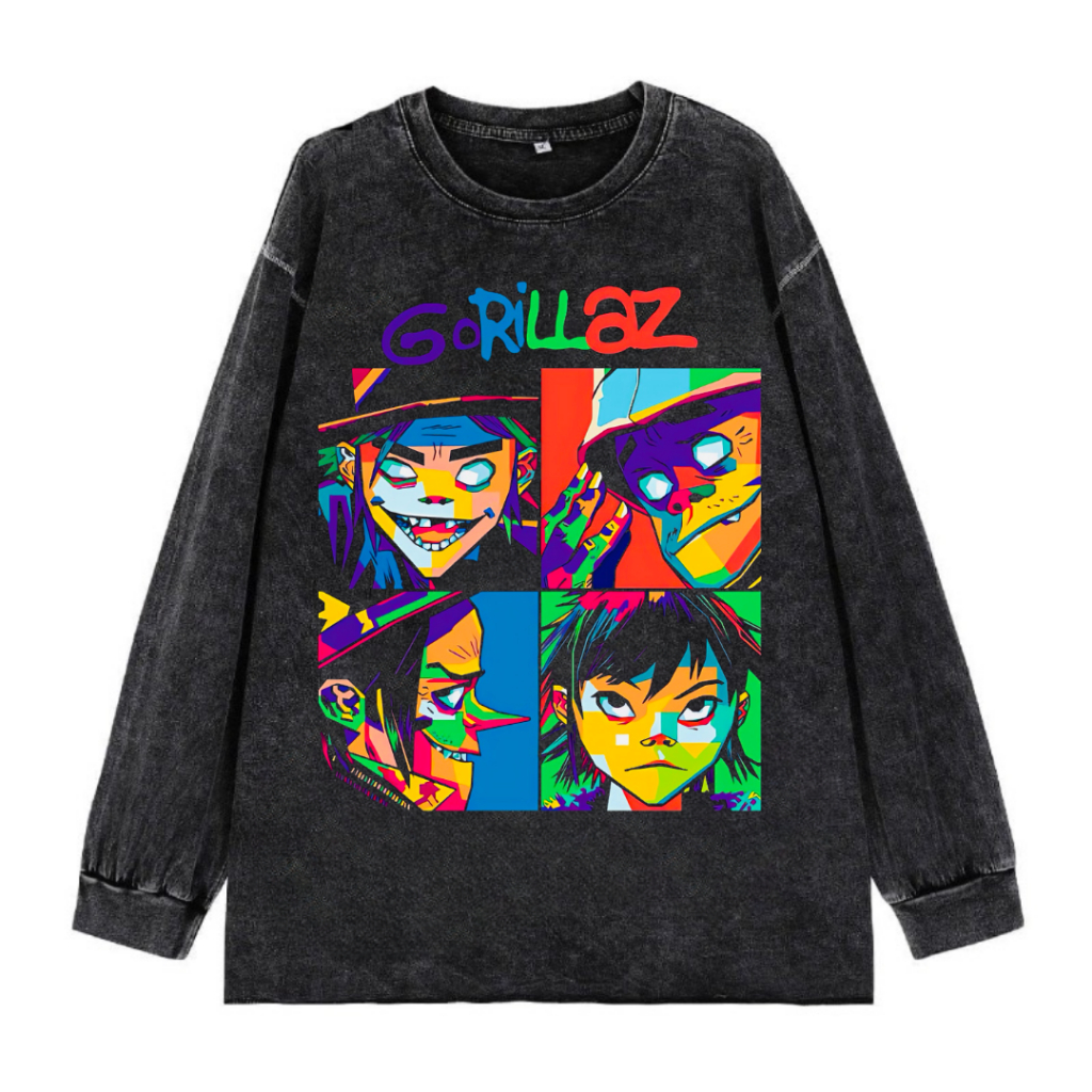 Deliberate "Gorillaz" Stone Wash Long Sleeve Oversized T-Shirt | Vintage | COD | Atasan | Band