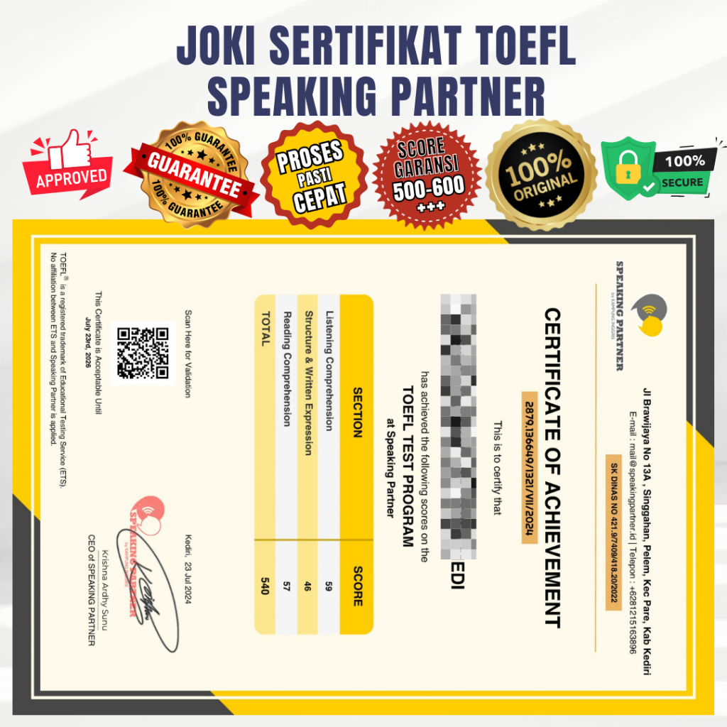 

SERTIFIKAT TOEFL SPEAKING PARTNER KAMPUNG INGGRIS RESMI TEKNIS ONLINE