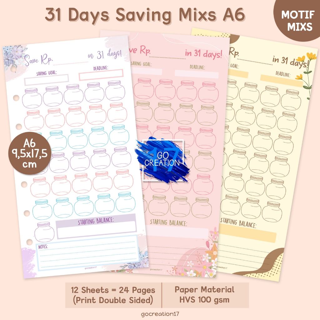 

Buku Planner Refill Kertas Binder Tantangan Nabung 31 Day Saving Challenge Motif Premium A6