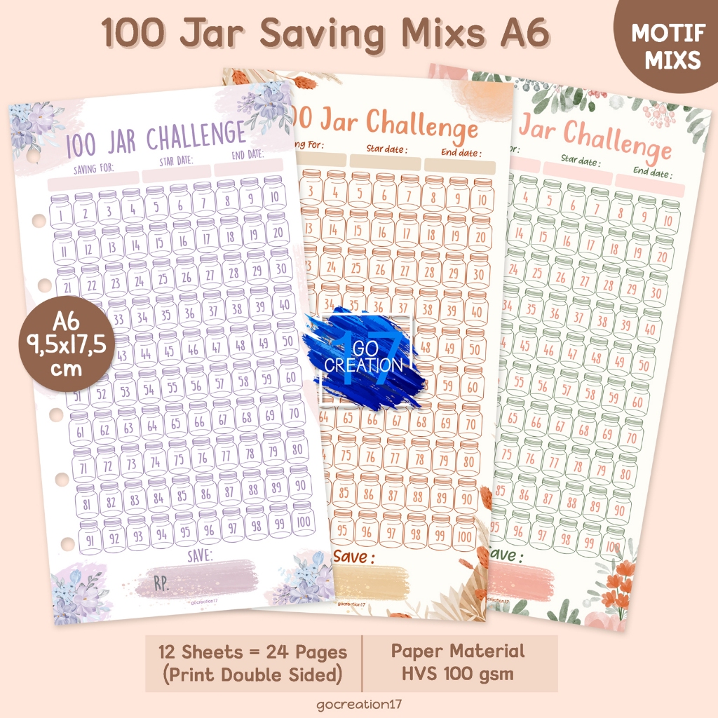 

Buku Planner Refill Kertas Binder Tantangan Nabung 100 Jar Saving Challenge Motif Premium A6
