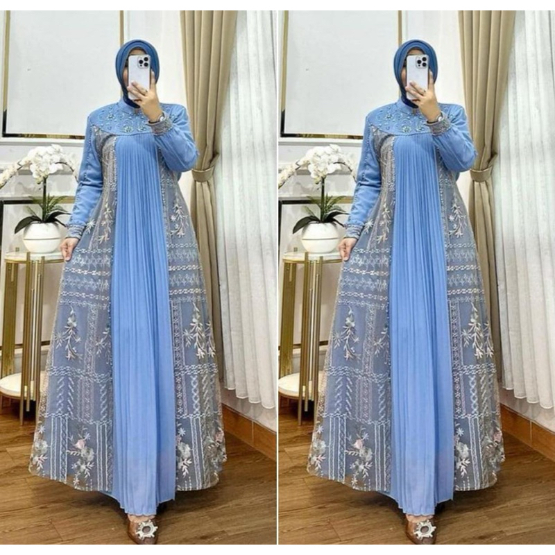 Gamis Brokat Terbaru 2025 Gamis Lebaran Mewah Kekinian Dress maxy bahan Ceruty  babydoll mix brokat 