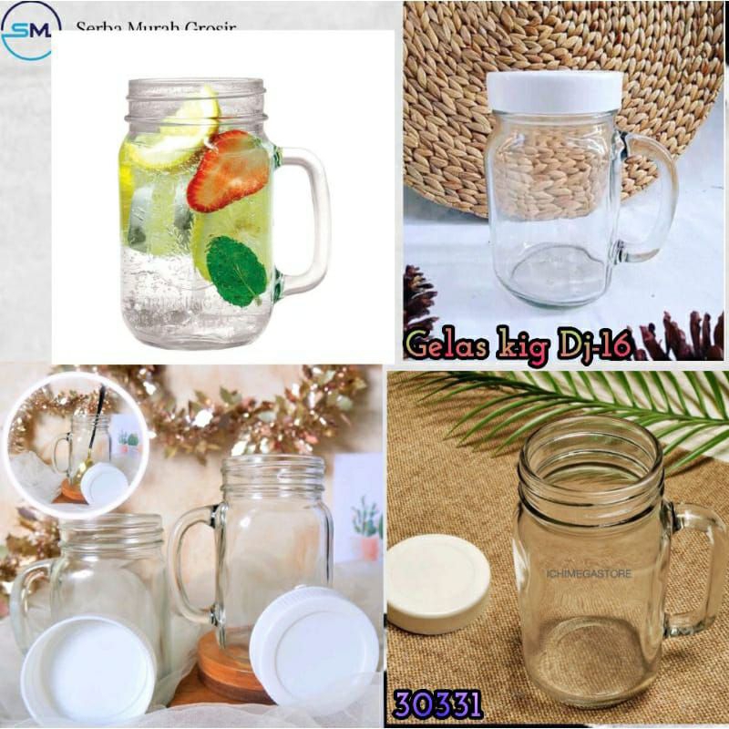 gelas minum/ mug es/ gelas kaca + tutup / gelas kig dj- 16c