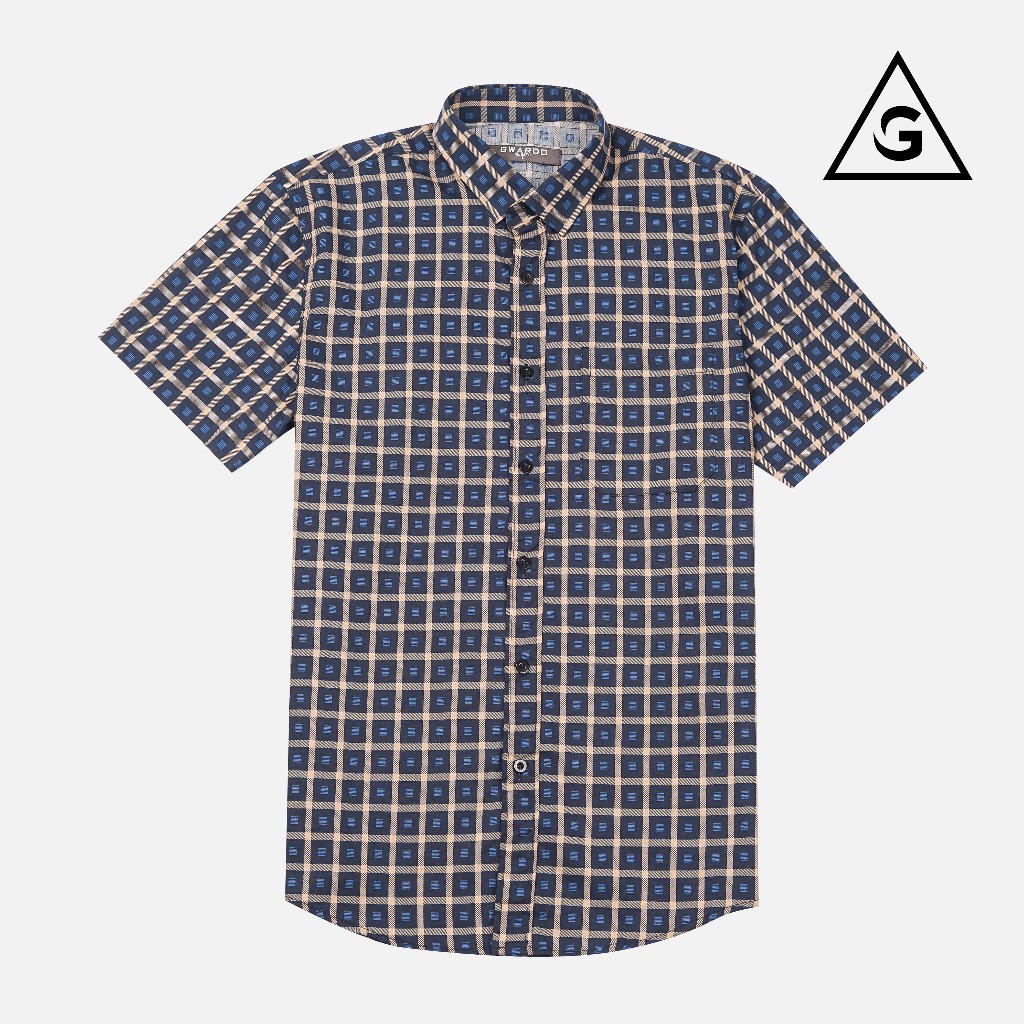 GWARDO Kemeja KOTAK NAVY Pria Slimfit Lengan Pendek Dan Panjang KT04