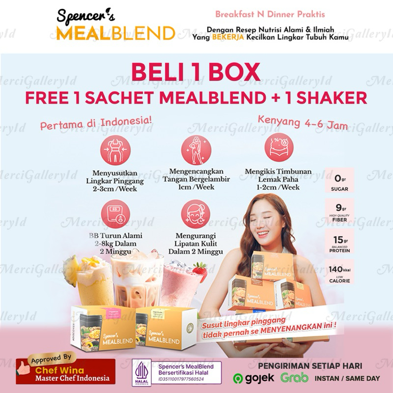 

SPENCERS MealBlend ( Free 1 sachet + 1 Shaker ) Nutrisi harian Diet rendah Kalori 0,5gram sugar 9 gram serat 15 gram protein ( 1 box isi 15sachet )