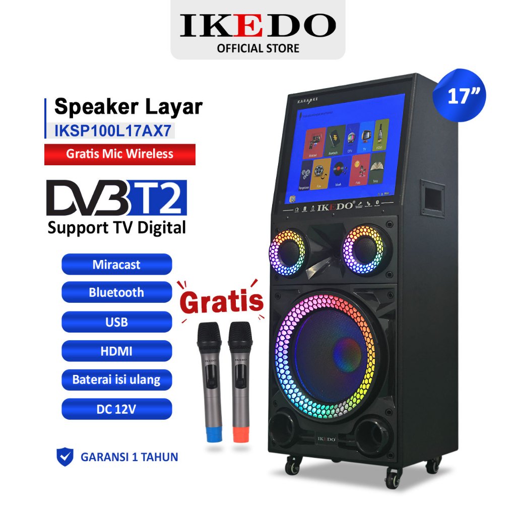 IKEDO Speaker Portable 12 inch Layar 17 inch {YOUTUBE LEWAT HP} TV Digital Miracast Video Karaoke Pl