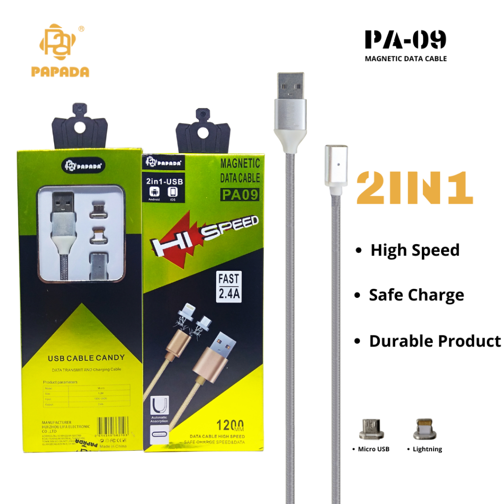 Kabel data Magnetic 2in1 Papada PA-09Kabel 2in1Kabel Charger dan transfer data 2in1 Micro usb