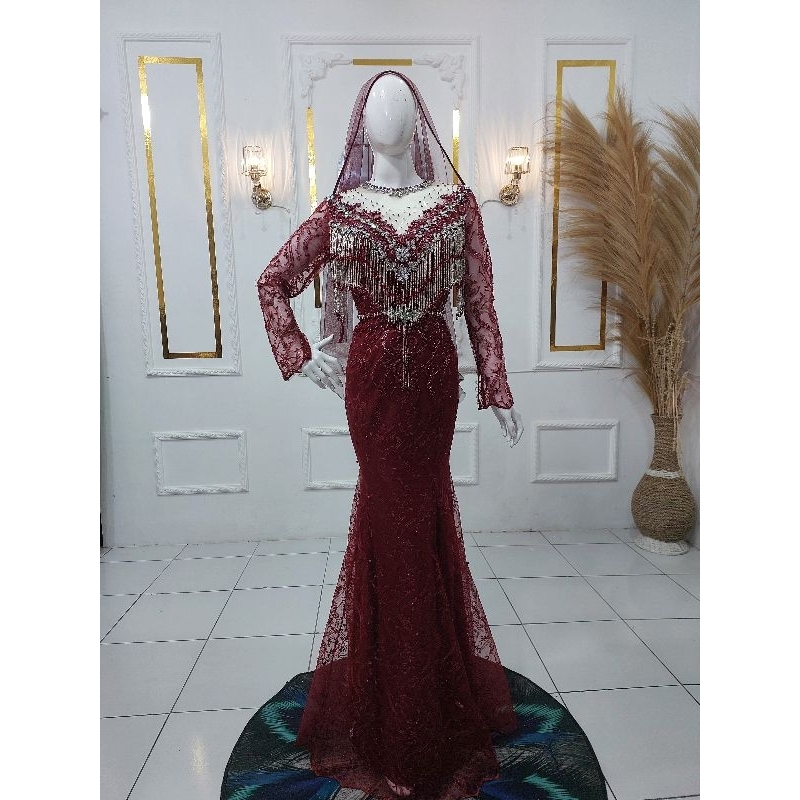 gaun pengantin slim maroon premium