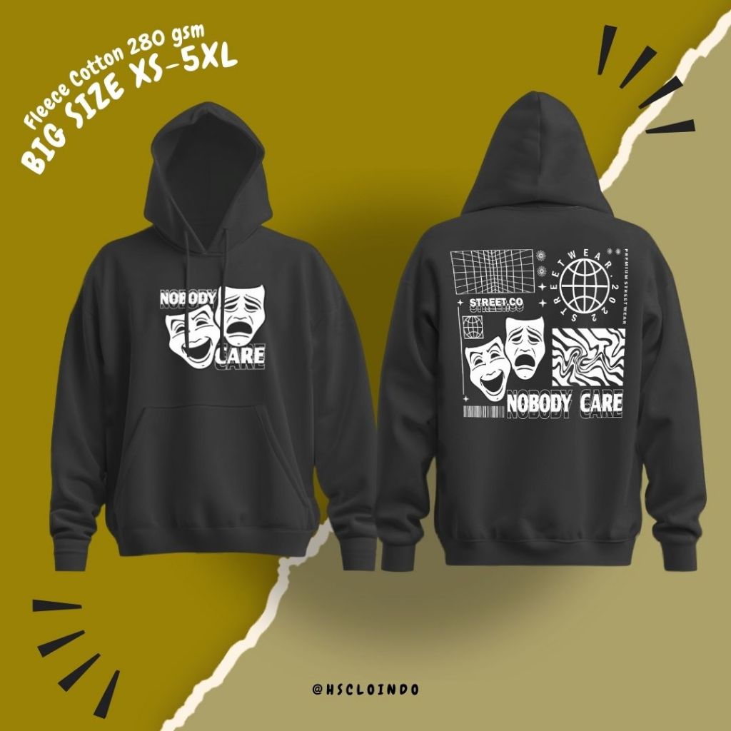 Hoodie Jumper Sweater Black Pocket HSCLO Nobody Care Big Size Bahan Katun Fleece XS - 5XL