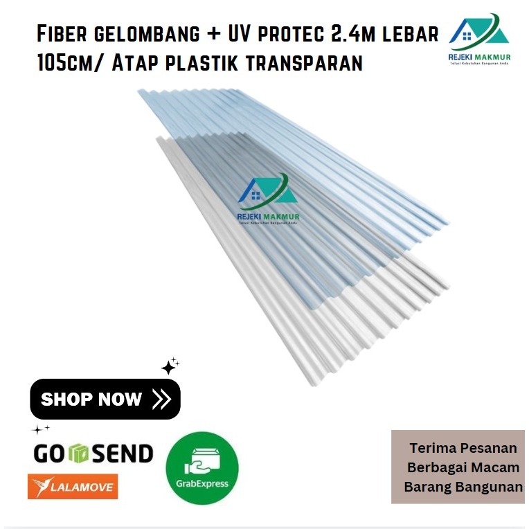 Fiber gelombang + UV protec 2.4mx105cmx0.8mm putih susu/ Atap plastik bening transparan pvc